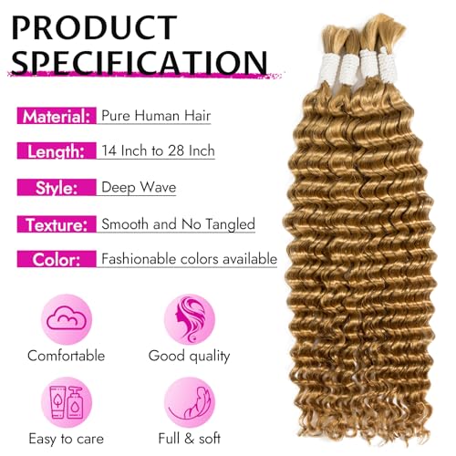 Gopukso Honey Blonde Deep Wave Human Braiding Hair 18 Inch for Boho Braids - 2 Bundles