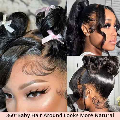360 Lace Front Wigs Human Hair Body Wave 200% Density 20 Inch Upgraded Hidden Straps 360 HD Full Lace Wigs Human Hair With Drawstring Pre Plucked With Baby Hair for Women Natural Black