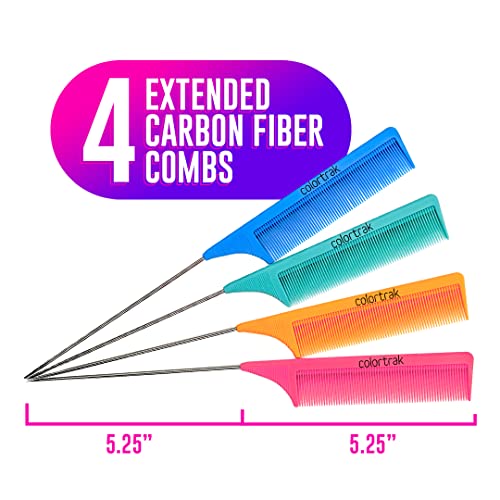 Colortrak Professional Hair Coloring Kit (12 Pieces), Color Like a Pro with 4 Extended Length Carbon Fiber Combs, 4 Feather Bristle Brushes, 4 Rubberized Croc Clips