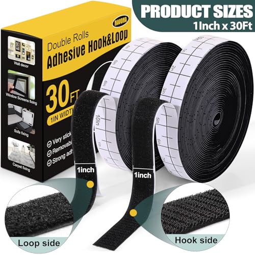 Navona 30Ft Heavy Duty Hook and Loop Tape with Adhesive - Black