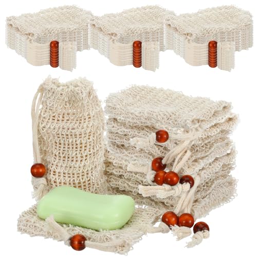 40 Pack Soap Saver Bags, Natural Sisal Exfoliating Soap Pouch with Drawstring Wooden Bead, Foaming Drying Mesh Net for Bath and Shower, 5.5 x 3.5 Inch