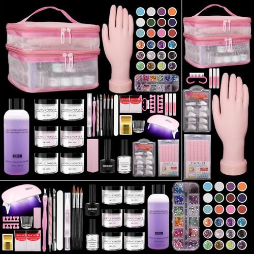 Acrylic Nail Kit for Beginners with Everything - Practice Hand for Acrylic Nails - 6PCS Nail Powder Liquid Set with UV Lamp - Professional Manicure Set in Pink Bag for Starter Home Salon (Pink-1)