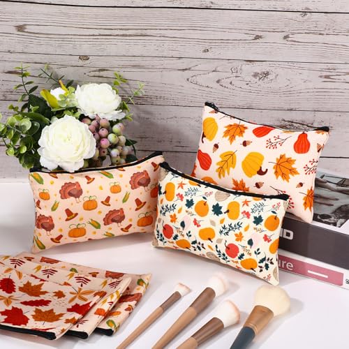 Meanplan 24 Pcs Thanksgiving Day Makeup Bags Bulk Fall Cosmetic Bag Pumpkin Maple Leaf Turkey Autumn Gift Pouch Portable Storage Zipper Pouch Travel Purse Toiletry Organizer Party Favor(Thanksgiving)