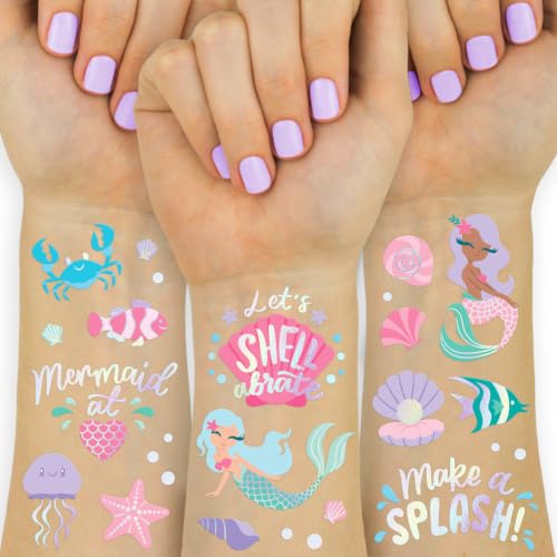 Kids Mermaid Temporary Tattoos with Iridescent Foil - 112 Designs for Party Favors