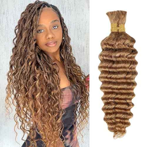Deep Wave Bulk Human Braiding Hair 100g 14 Inch 2 Bundles Blonde Human Braid Hair for Boho Braids No Weft Color 27 Curly Brazilian Braiding Hair Extensions for Micro Braid