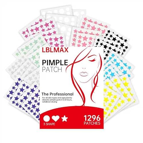 Pimple Patches for Face (1296 Count),3 shapes (Round,Star and heart Shapes),Hydrocolloid Spot Dots with Salicylic Acid and Tea Tree Oil