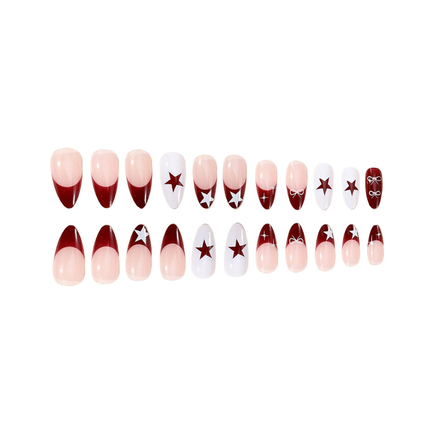 Press on Nails Medium Almond French Tip Fake Nails Full Cover Red White False Nails with Stars Bow Designs Sliver Y2K Press on Nails Rhinestones Glossy Acrylic Nails Artificial Nails for Women Girls