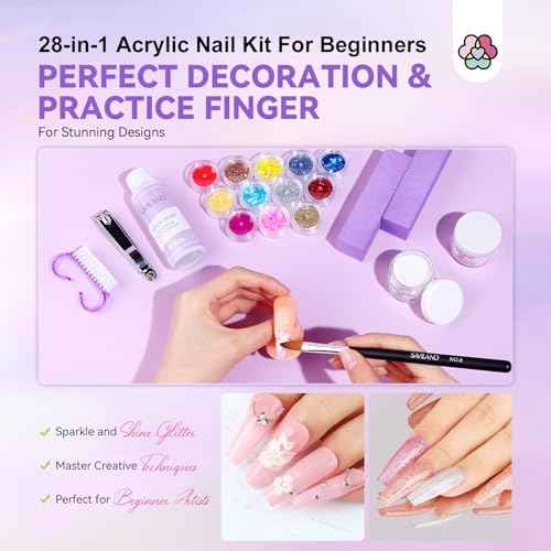 SAVILAND Acrylic Nail Kit with Drill: Nail Kit Acrylic Set with Everything for Beginners Glitter Powder and Liquid Set 100 Nails Tips Home DIY Manicure Salon