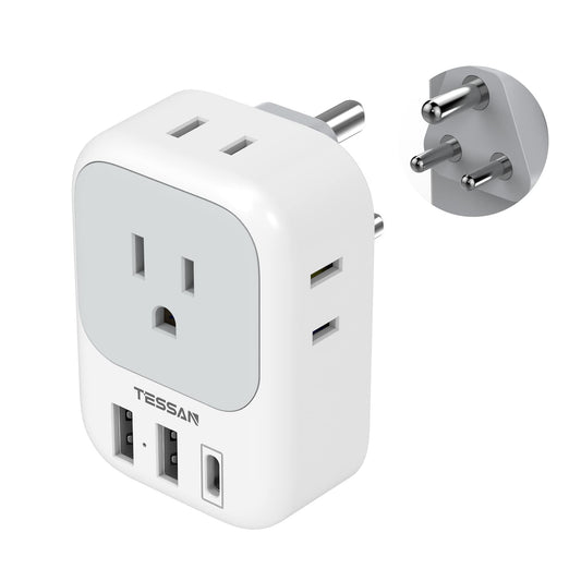 TESSAN US to India Plug Adapter, India Power Adapter with 4 American Outlets 3 USB Charger (1 USB C Port), Type D Travel Adaptor for USA to India Bangladesh Maldives Nepal Pakistan