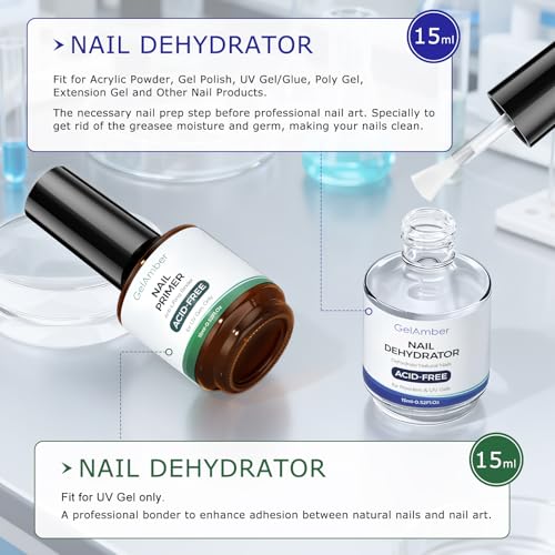 GELAMBER 4Pcs Nail Primer, Dehydrator, Base & Top Coat Set with Nail File – Gel Nail Supplies