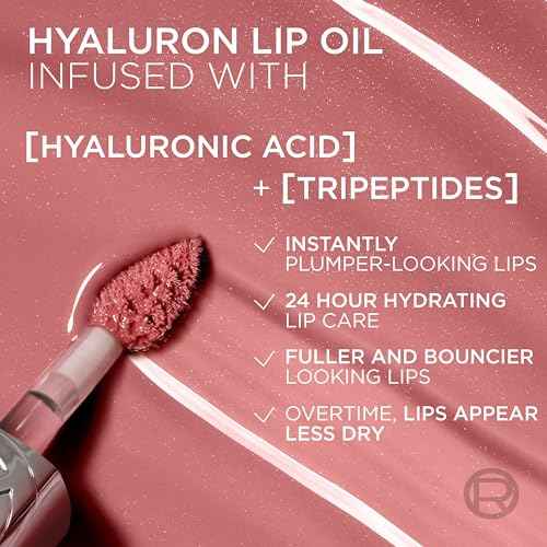 L'Oreal Paris Plump Ambition Hyaluron Lip Oil, 24 HR Lip Gloss with Hyaluronic Acid, Volumizing Formula with Glass-Like Shine, Worth It 601, 0.16 Fl Oz