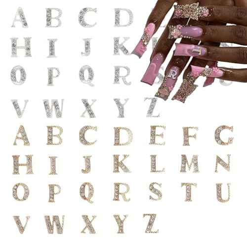52 Pcs 3D Silver and Gold Nail Charms Letters Initial Charms for Nails Nail Letter Charms Alphabet Rhinestone Letter Nail Charms for Nail Art Design Decoration DIY Craft