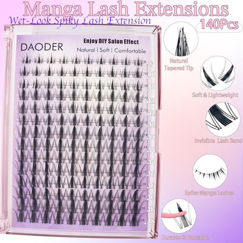 DAODER Spiky Lash Clusters Natural Fairy Anime Manga Lash Extension Wet-Look 8-18MM Invisible Clear Band Eyelash Extension Clusters D Curl 140pcs Reusable(8-18MM Spiky)