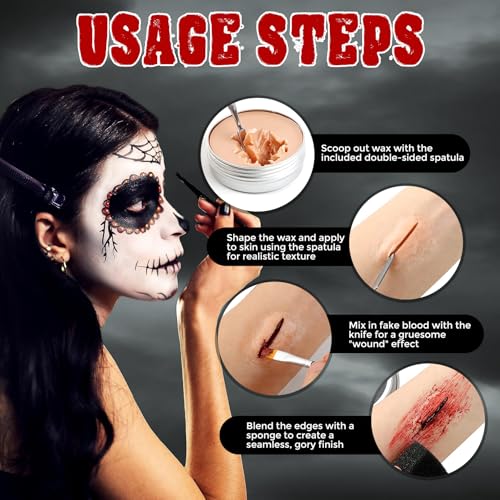 Halloween Fake Blood SFX Makeup Kit ? 7PCS Special Effects Set with Fake Blood Spray, Liquid Latex+Scar Wax+Fake Blood Gel+Spatula Tool & 2 Stipple Sponges ? Vampire Zombie Makeup Kit for Face & Body