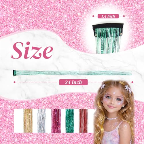 24-Inch Green Hair Tinsel Clip-Ins - 18 Pcs Heat Resistant Extensions