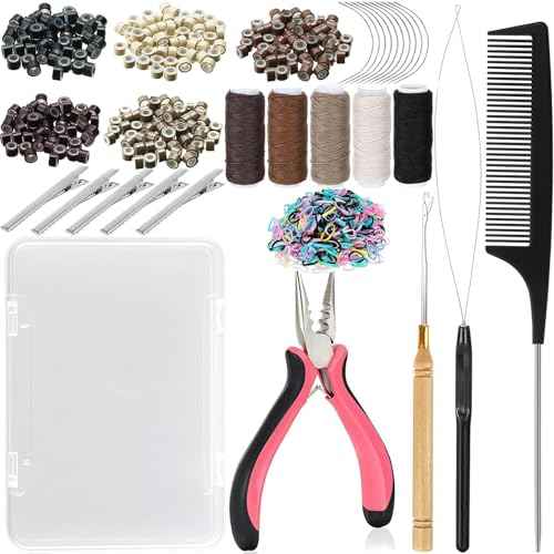 VCAY Hair Extension Tools Kit, 500 Silicone Lined Ring Beads,1 Plier, 1 Threader,1 Crochet Hook,10 Curved Hair Needle,5 Hair Clips,5 Rolls Sewing Threads,100 Rubber Bands with Storage Case