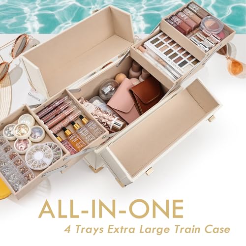 Joligrace Makeup Train Case Large Portable Cosmetic Makeup Storage Box Organizer Lockable with 4 Tray Compartments Retro Champagne Beige Vegan Leather