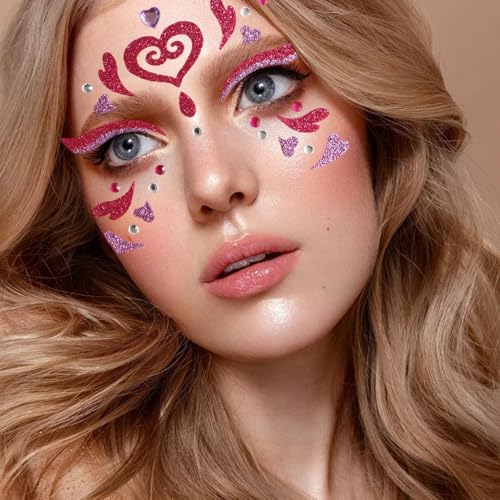 3PCS Valentine's Day Face Heart Gems Stickers for Women Girls Eyes Body Face Glitter Rhinstone Temporary Tattoos Red Love Self Adhesive Stick for Makeup Holiday Party Supplies