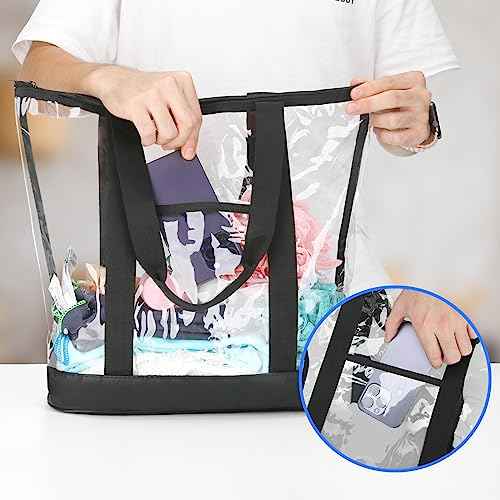 HAOGUAGUA Extra Large Clear Cosmetic Toiletry Makeup Travel Bag, Waterproof Transparent Plastic PVC Tote Shoulder Bag with Handles (BLACK)