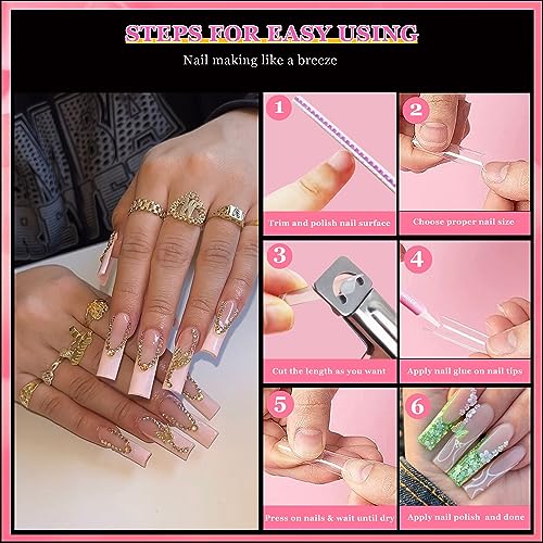 500 Pcs Square Nail Tips, AITRAI Long Nail Tips for Acrylic Nails Professional False Nails Clear Acrylic Nail Kit with Glue, Adhesive Tabs Acrylic Nail Clipper Files for Nail Art DIY