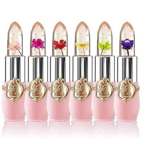 BestLand 6 Pcs/Set Flower Jelly Lipstick Set Temperature Change Moisturizer Long Lasting Nutritious Balm Magic Color Change Lip Gloss
