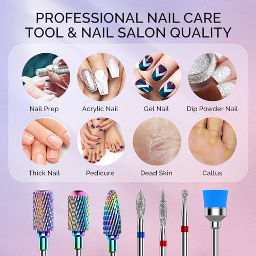 7-Piece Nail Drill Bits Set - Tungsten Carbide & Diamond, 3/32'' Shank, Two-Way Rotation for Acrylics and Gel Nails