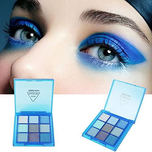9 Colors Blue Eyeshadow Palette,Mardi Gras Carnival Pressed Pigment Glitter, Corpse Bride Waterproof Eye Shadow Pallete Metallic Silver Matte Shimmer Makeup Powder Long Lasting,Blue