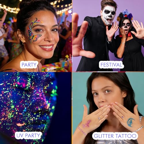 Bowitzki Face Paint Kit - 24 Colors, Glitter & Stencils for Adults