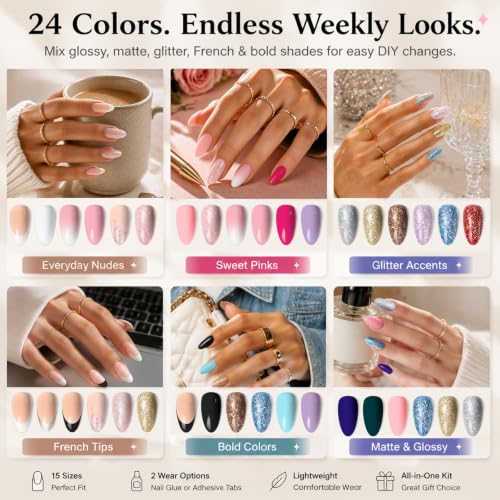 Beetles Press On Nails Kit 720 Pcs Short Almond 24 Colors