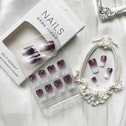 Press on Nails Short Square Fake Nails Purple White Gradient False Nails with Silver Glitters Design Full Cover Glue on Nails White Nail Tips Acrylic Nails Glossy Purple Stick on Nails for Women