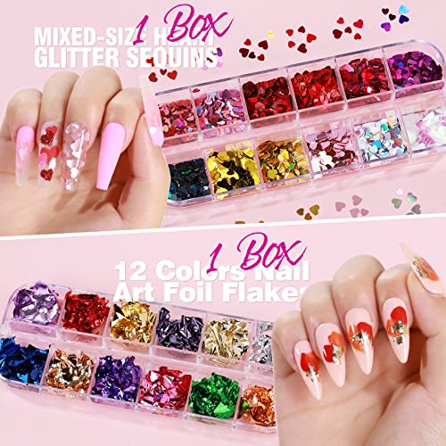 Teenitor Nail Stickers, 12 Sheets Nail Art Stickers 3D Self-Adhesive and 5 Boxes Butterfly Nail Sequins Heart Glitter Foil Flakes Nail Fruit Slices Nail Decorations for Nail Art