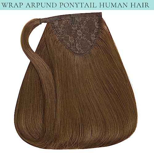 Loxxy Human Hair Ponytail Wrap Around Ponytail Extension Real Human Hair Chocolate Brown Clip in Pony Tails Hair Extensions Human Hair Long Straigth with Magic Paste 16 Inch 80g