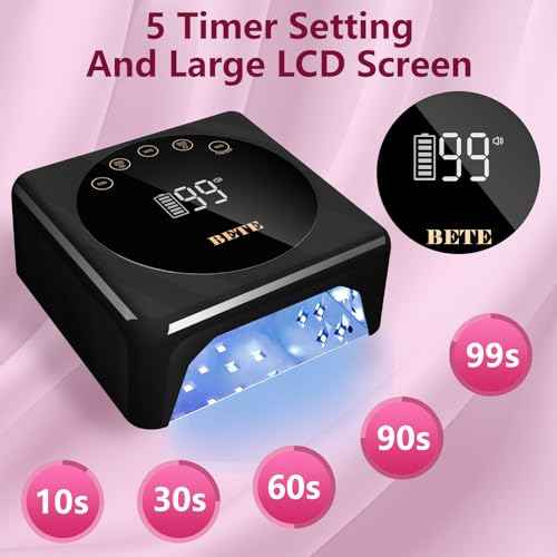 BETE Cordless LED Nail Lamp, 78W Rechargeable UV Nail Light, Intelligent Infrared Sensor and LCD Display Curing Nail Lamp, Portable Nail Dryer Gel Polish Light with 5 Timer Setting Black