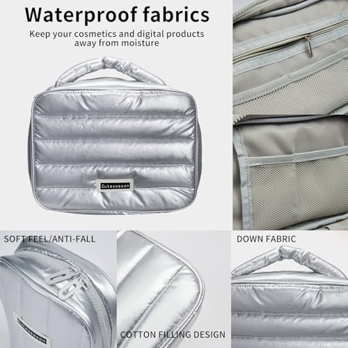 Shiny Puffy Makeup Bag Large Capacity Travel Water-proof Toiletry Bag Drop-proof Digital Product Organizer (Pink, L and M)