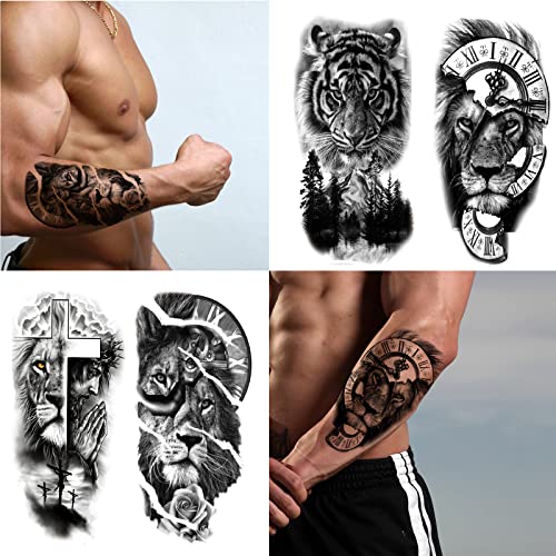 Animal Temporary Tattoos, 15-Sheet Black Tiger Lion Wolf Totem Adult Tattoos Temporary, Fake Tattoos Men