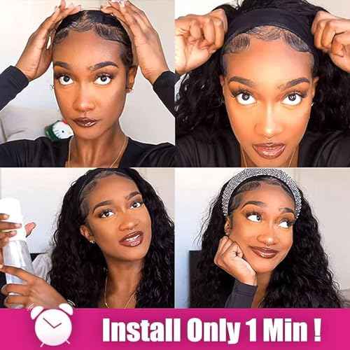 AISI QUEENS Headband Wigs for Black Women - Highlight Glueless Curly Human Hair Wig (14 Inch, P4/27 Color)