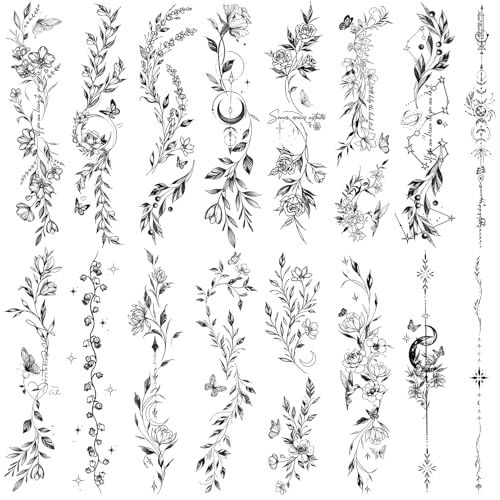 24 Black Flower Temporary Tattoos for Women - Waterproof