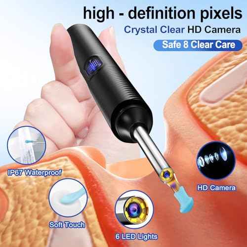 AI Eardrum Alert, AI Ear Wax Removal Kit, 1080P HD Camera with 6-Axis Gyroscope, Waterproof Lens, 230mAh Battery, Earwax Removal Tool with 8 Pcs Ear Set, Otoscope Camera for iOS & Android (Black)