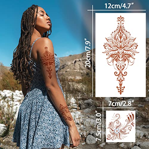 Henna Temporary Tattoo, 12 Sheets Fake Tattoo, Waterproof Brown Tattoo Stickers for Women