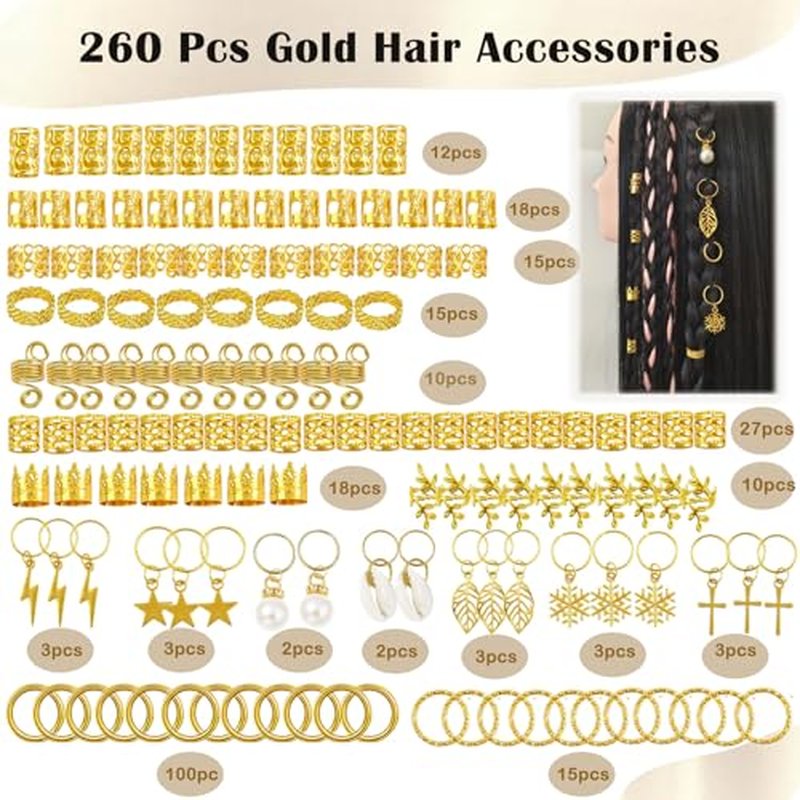 260 Pcs Gold Hair Jewelry for Braids & Dreadlocks