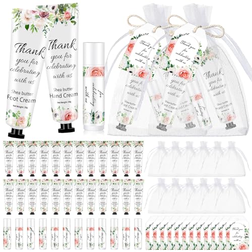 Dansib Bridal Shower Wedding Gifts Including Wedding Moisturizing Lip Balm Hand Cream Foot Cream Thank You Cards White Organza Bags for Bridesmaid Guests Gift Bachelorette Party Supplies(6 Sets)