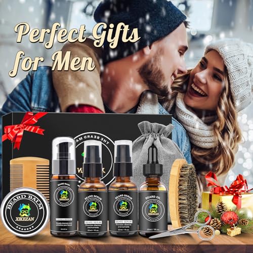 XIKEZAN Beard Kit for Men Grooming & Care Set w/2 Pack Beard Serum, Wash, Oil, Balm, Comb, Brush, Scissor, Bag, EBook, Unique Birthday Gifts for Men Him Dad Husband Brother Christmas Stocking Stuffers