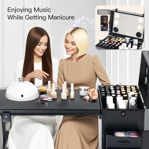 Portable Nail Desk with Foldable Table, 3 Drawers & Mirror