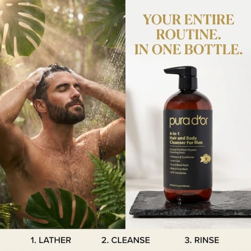 PURA D'OR 24 Oz 8-in-1 Multi-Use Hair & Body Cleanser for Men – Organic Aloe & Cedarwood