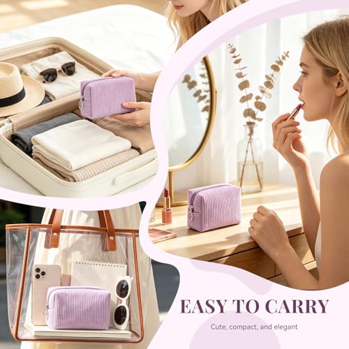 MAGEFY Corduroy Makeup Bag - Small Purple Travel Cosmetic Pouch with Zipper