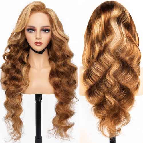 Glueless Honey Blonde Wig Human Hair 28 Inch 13X6 HD Ombre Lace Front Wig Human Hair Highlight Lace Front Wig Human Hair Pre Plucked Pre Cut Wear And Go Wigs Not Fall Out No Knots