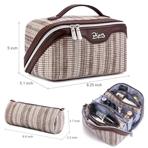 BOYATU Travel Makeup Bag for Women: Large Capacity Open Flat Make up Bag Set of 3 - Vegan Leather Cosmetic Bag with Compartments - Waterproof Toiletry Bag with Handle & Divider(I-5-Brown)