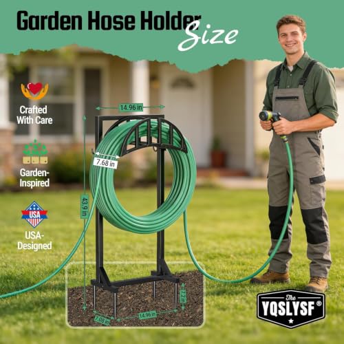 Black Textured Garden Hose Reel Holder - 150ft Heavy-Duty Metal Stand with Stakes & Hooks
