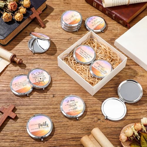 18 Sets Mother's Day Church Gifts Bulk Christian Compact Makeup Mirror Bible Verse Round Pocket Mirror with Gift Cards Organza Bags for Women (18 Style)