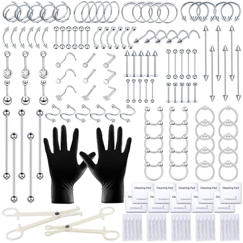 153-Piece Body Piercing Kit with Stainless Steel Needles & Jewelry